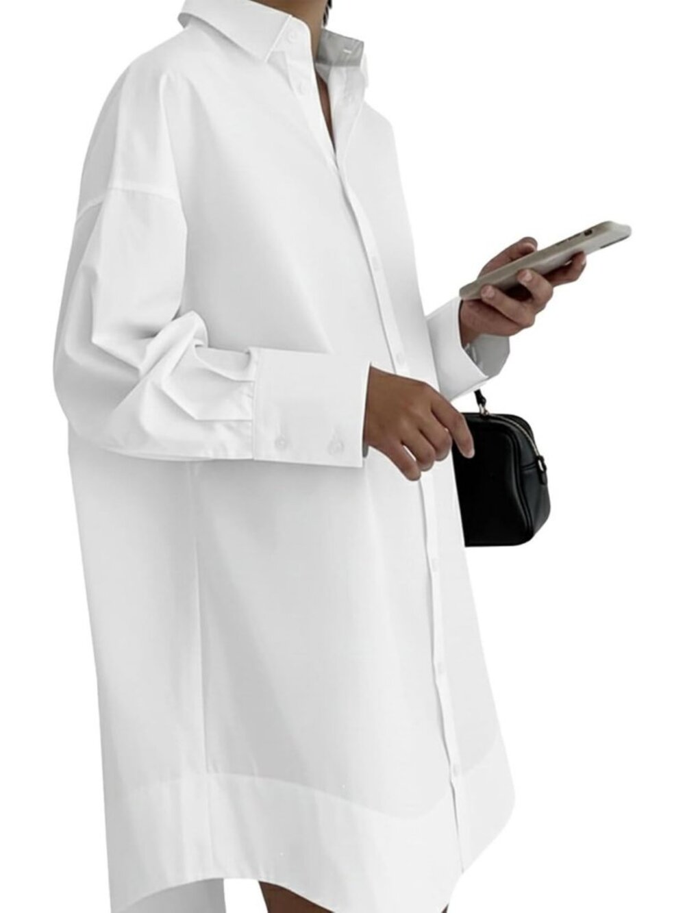 Casual Long Sleeve Midi Shirt Dress - V Neck Button Down Tunic for Office